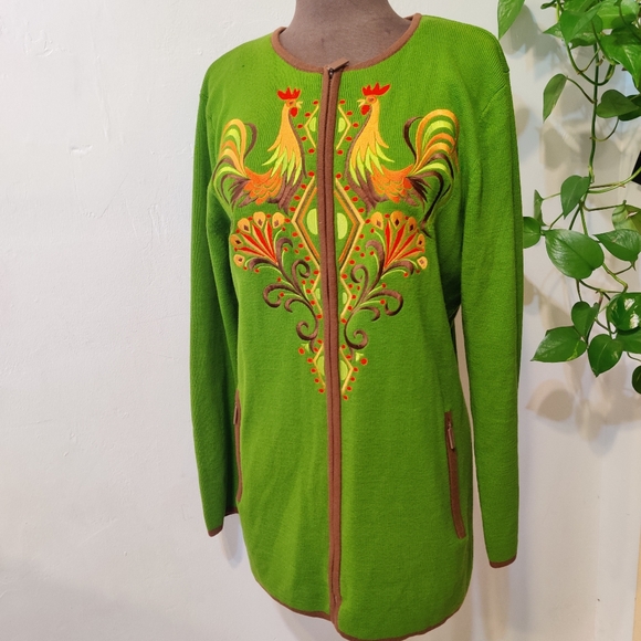 Bob Mackie Sweaters - Bob Mackie Wearable Art Vintage Rooster Floral Zip Up Sweater